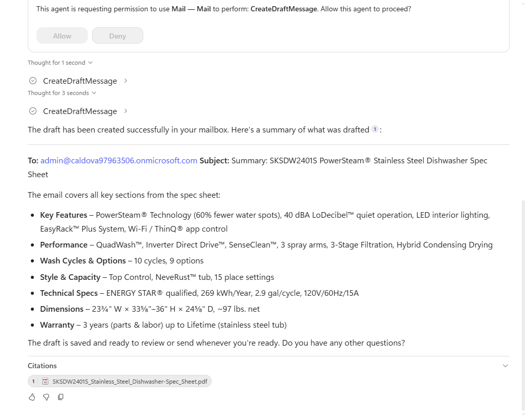 The agent confirming the draft was created, with a citation