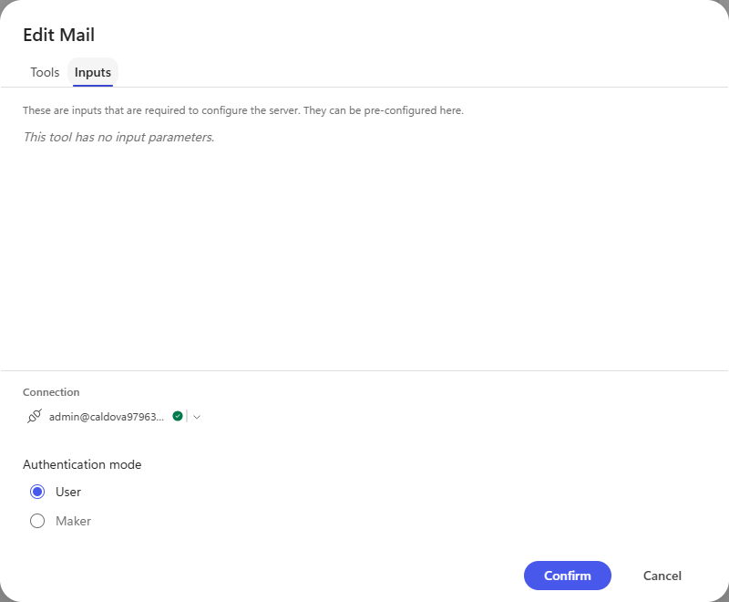 The Inputs tab showing the connection and authentication mode