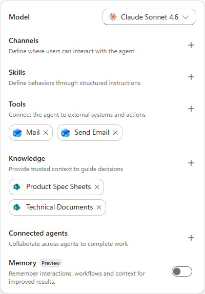 The configuration panel with the Mail tool added