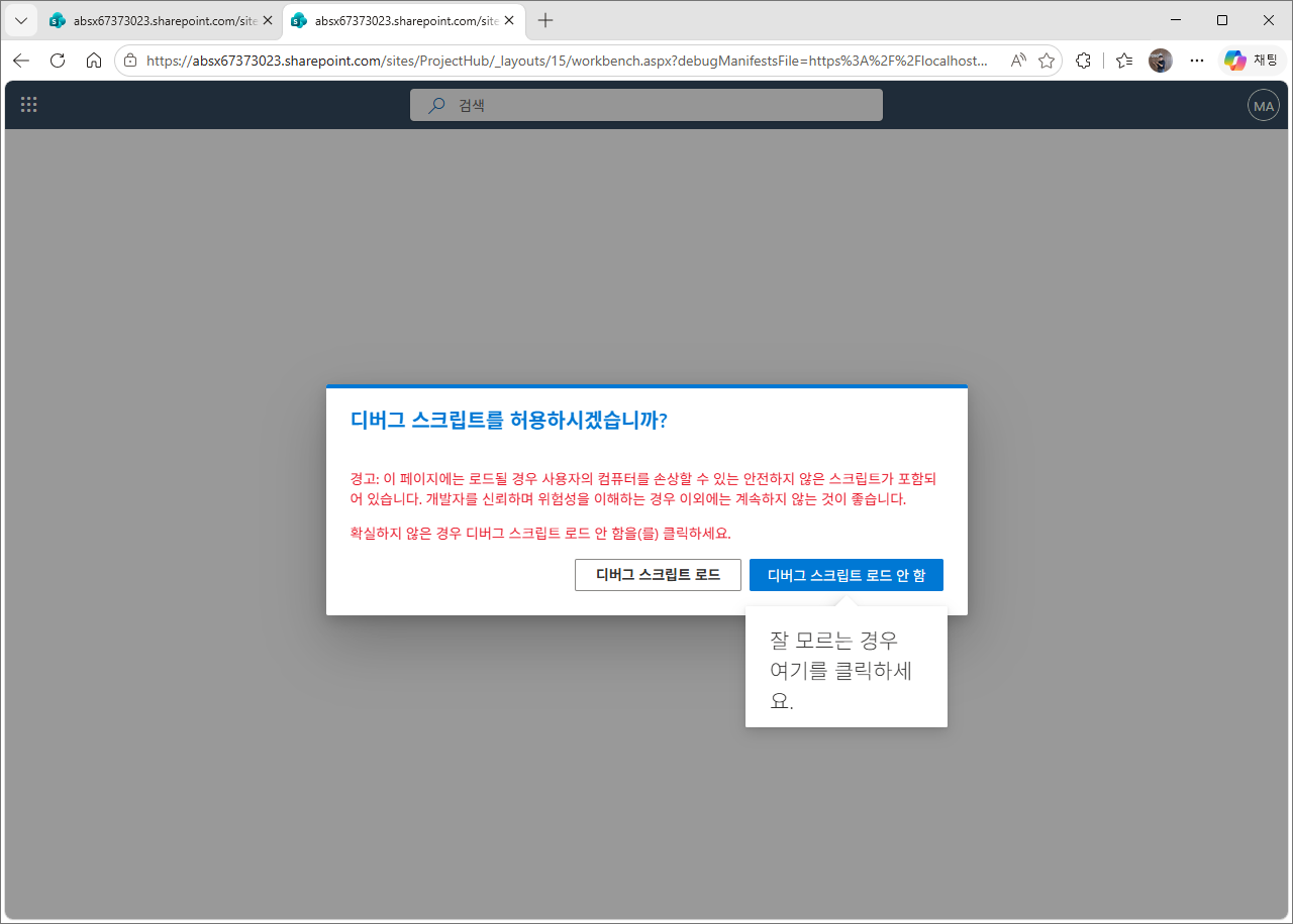 디버그 스크립트 허용 대화상자