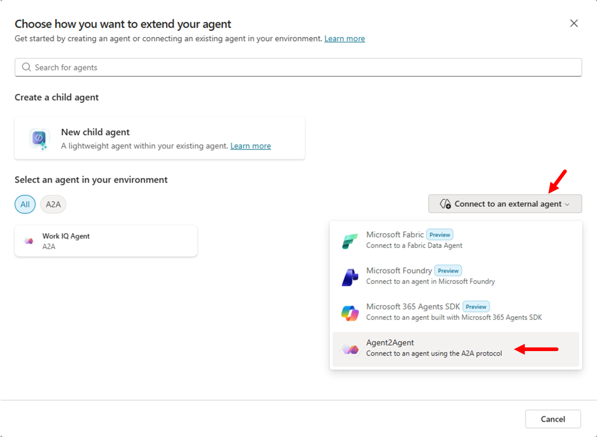 Copilot Studio의 'Connect to an external agent' 드롭다운에서 Agent2Agent 옵션 선택