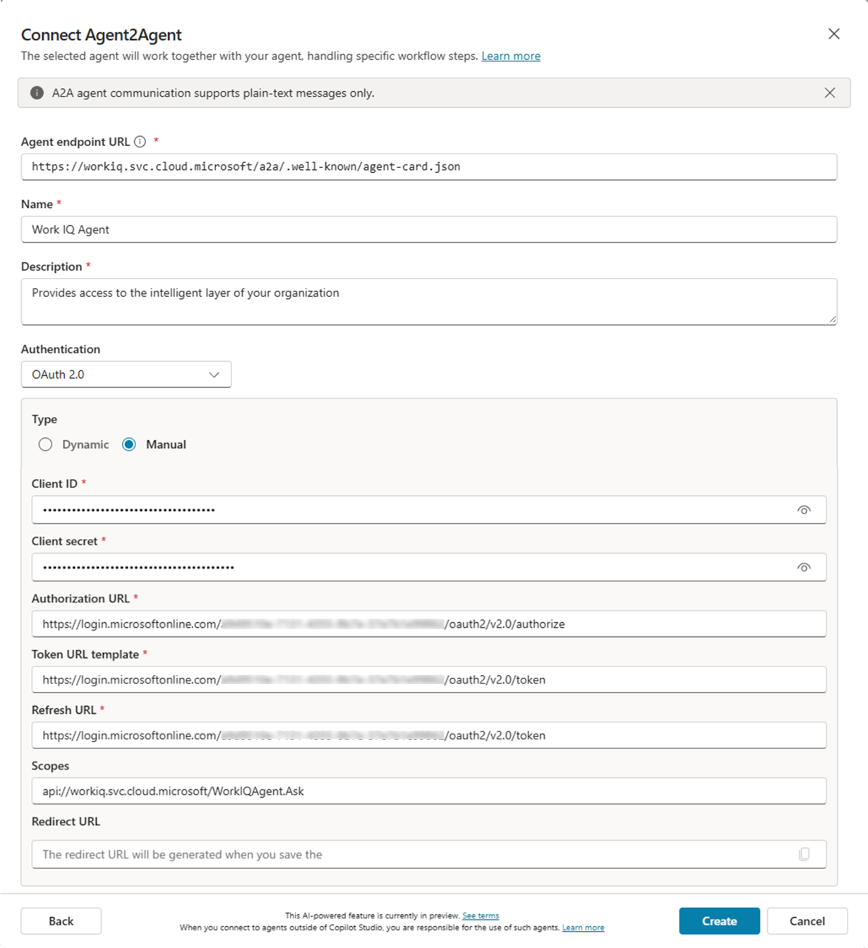 Work IQ용 수동 OAuth 2.0 설정이 입력된 Connect Agent2Agent 대화 상자