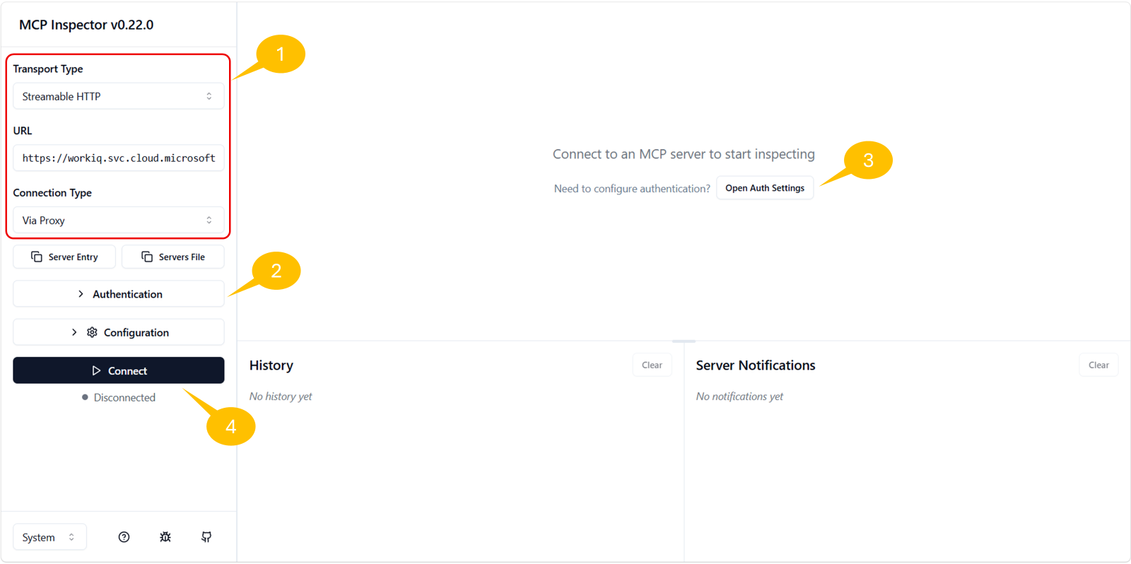MCP Inspector의 연결·인증 설정 패널 — Transport Type, URL, OAuth 2.0 구성 필드